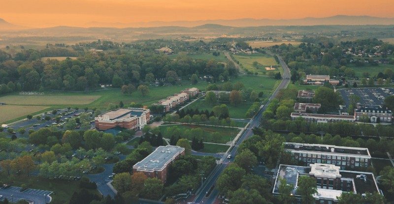 Drone photo of Bridgewater College campus during sunrise