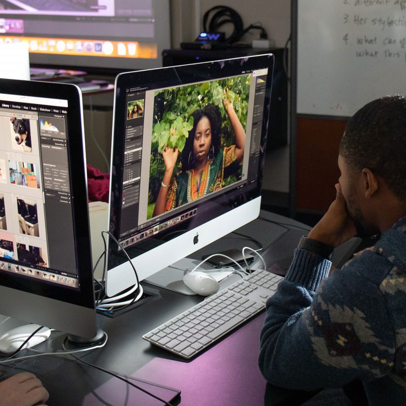 Student and professor study photograph on computer