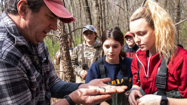 Students examining lizard in forest