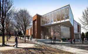 rendering of a building with brick and glass