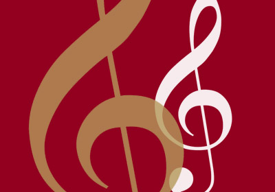 Graphic of two treble clefts on crimson background