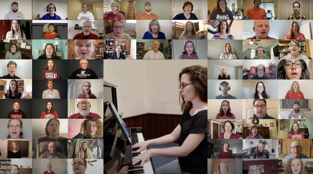 Main image of a woman playing piano surrounded by faces of people singing