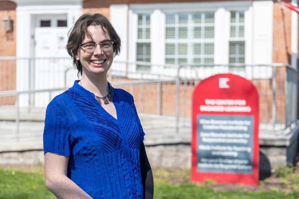 Dr. Johanna Birkland poses for photo outside building