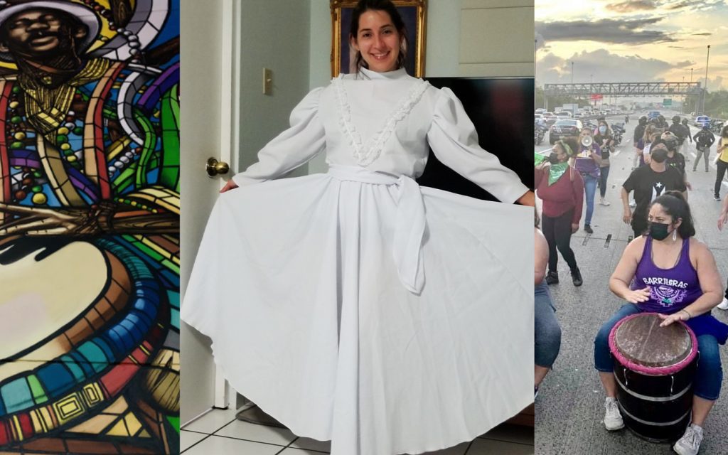 Three images from Puerto Rico appear side by side: colorful street art on the left, a woman in a bomba dress in the middle, and bomba drums on the right