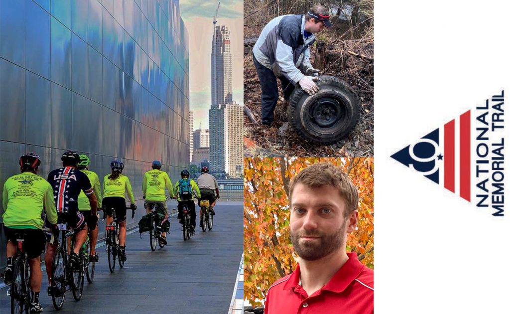 Bikers bike toward the Washington Monument, a headshot of Bridgewater College alum Jeff McCauley, and the National 9/11 Alliance's logo appear