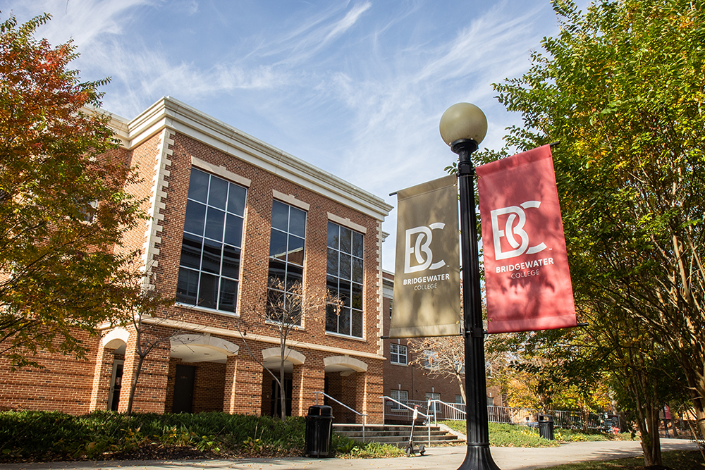 Bridgewater College banners outside of Wright-Heritage Link building