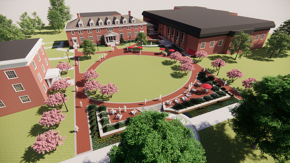 A rendering of Rebecca Quad shown from a birds eye view. Trees and chairs surround a circle of the quad.