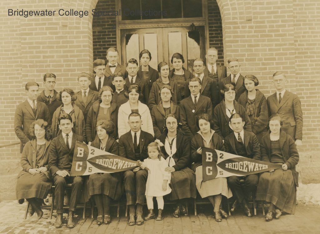 A 1960s photograph of the Bridgewater College class of 1922. They are seated and the image is not in color