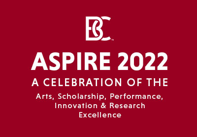 a red graphic with white text that reads: aspire 2022 a celebration of the arts, scholarship, performance, innovation and research excellence