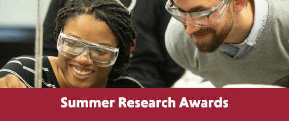 A student in a professor in a research lab. Underneath, the words "Summer Research Awards" appear