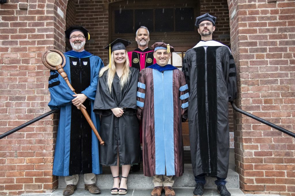 Front row, left to right, the Bridgewater College 2022 Founder’s Day award recipients: Dr. Benjamin Albers, Lauren Eye, Dr. Christian Sheridan and Dr. Martin Kalb. Back row: BC President Dr. David Bushman