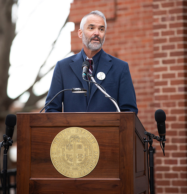 Bridgewater College President David Bushman speaks to the crowd