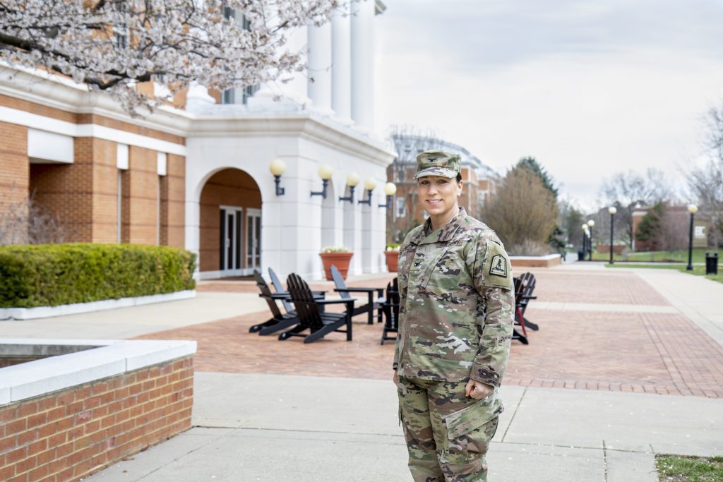 Jennifer Martin in her National Guard fatigues at Bridgewater College