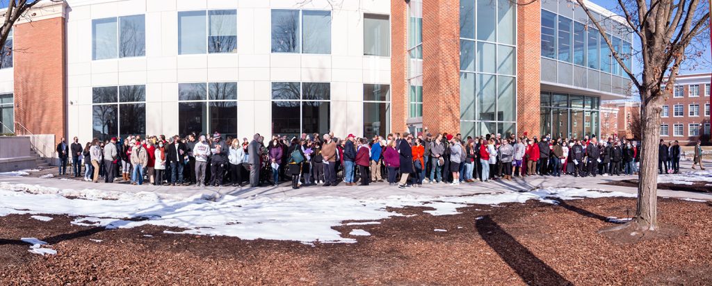 BC community stands in front of the John Kenny Forrer Learning Commons to sing Bridgewater Fair