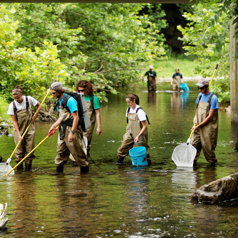 Student wading in the North River