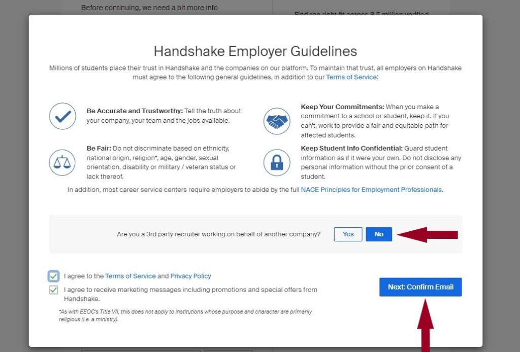 “Handshake Employer Guidelines” screen