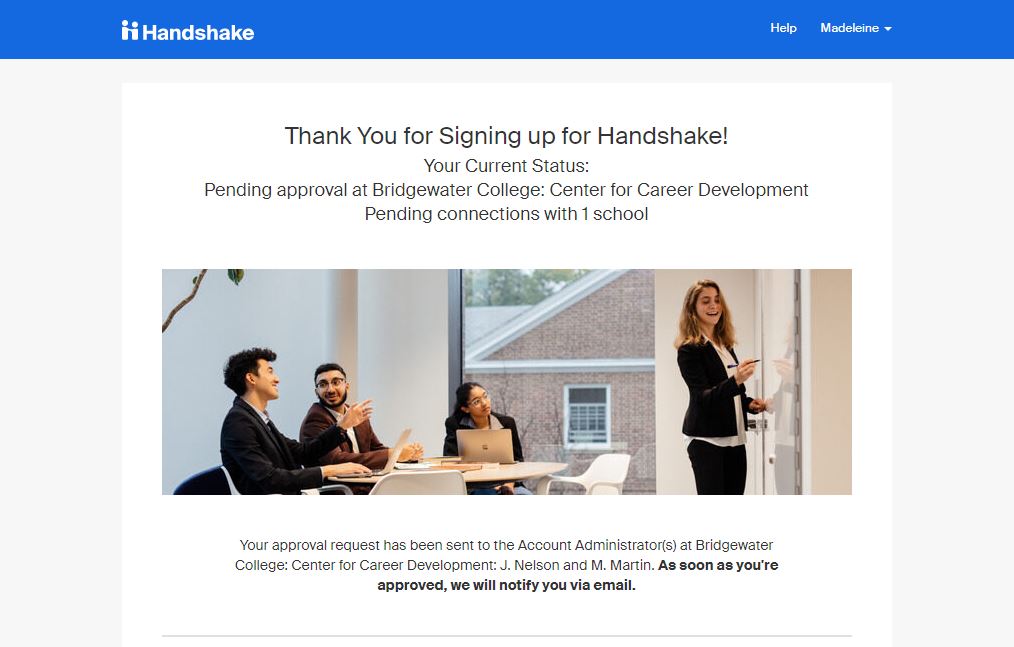 Thank you for Signing up for Handshake screen