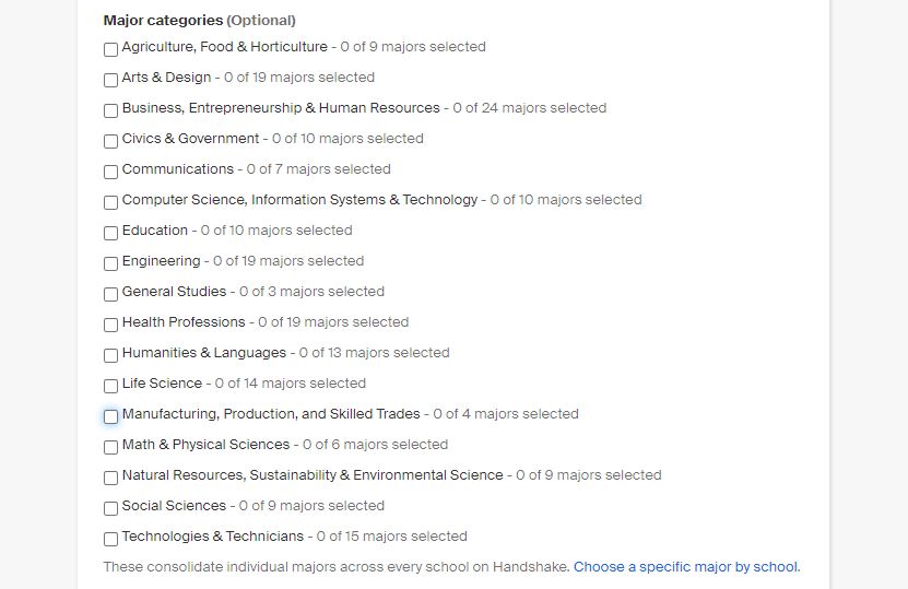 Screen prompt - Majors and Applicant Package
Choose which Majors would make a student qualified for your job. This step is discussed in more detail below.