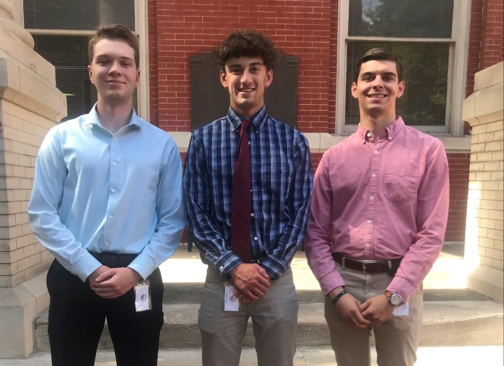 The summer 2022 interns at the Augusta County (Va.) Circuit Court, from left, Bridgewater College student Nicholas “Nick” Arnold ’24, high school student Blake Rogers and James Madison University student Aaron Bowman.