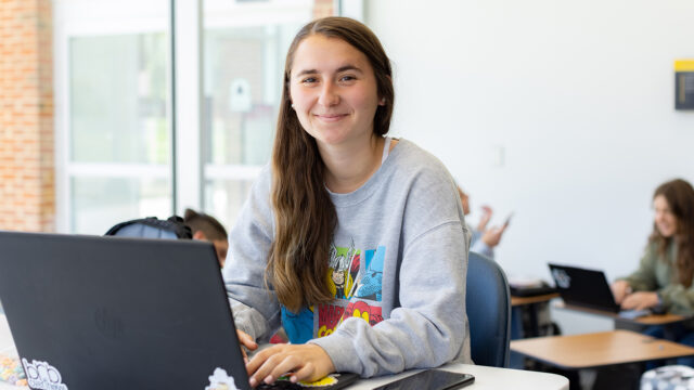 Student working in Forrer Learning Commons, Bridgewater College