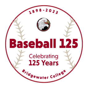 Words Bridgewater College Baseball 125 Celebrating 125 years 1989-2023 inside of a baseball graphic