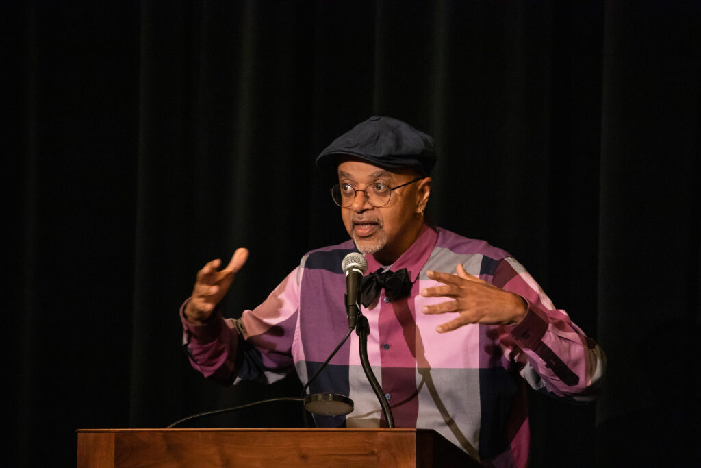 James McBride speaking at the podium during his lecture