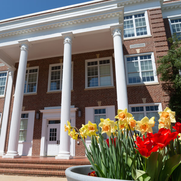 The exterior of Bowman Hall in the daytime with yellow and red flowers in front of it