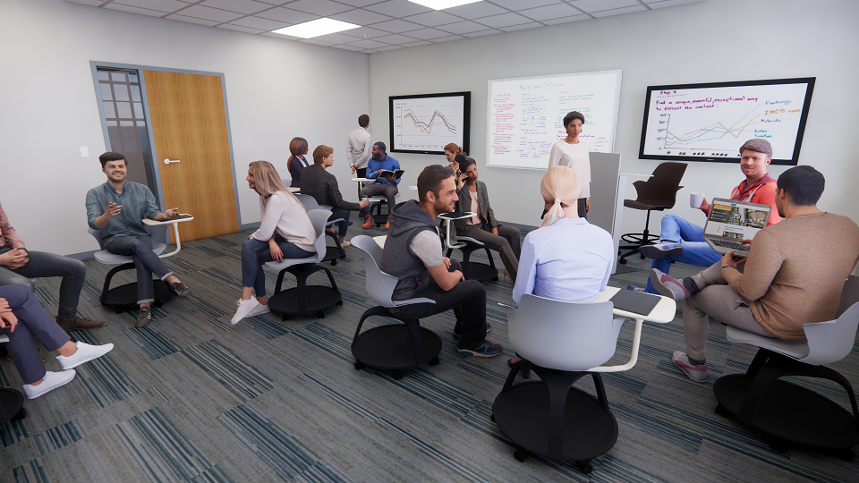 A rendering of a state-of-the-art classroom in Bowman Hall with students in flexible furnishings and upgraded technology.