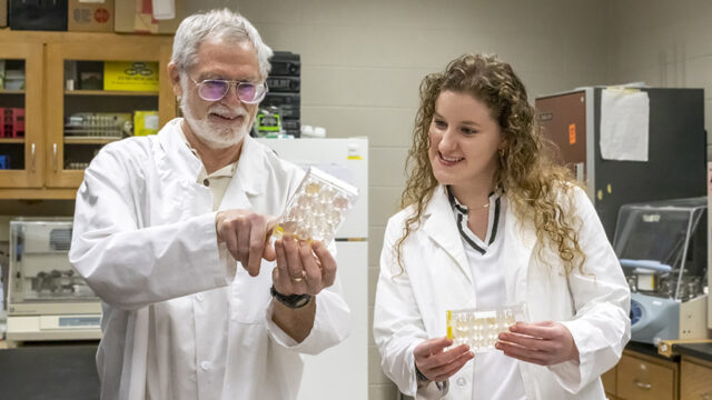 Student with professor working on a research project in a science lab