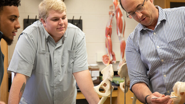 Professor pointing to model of the knee as students observe