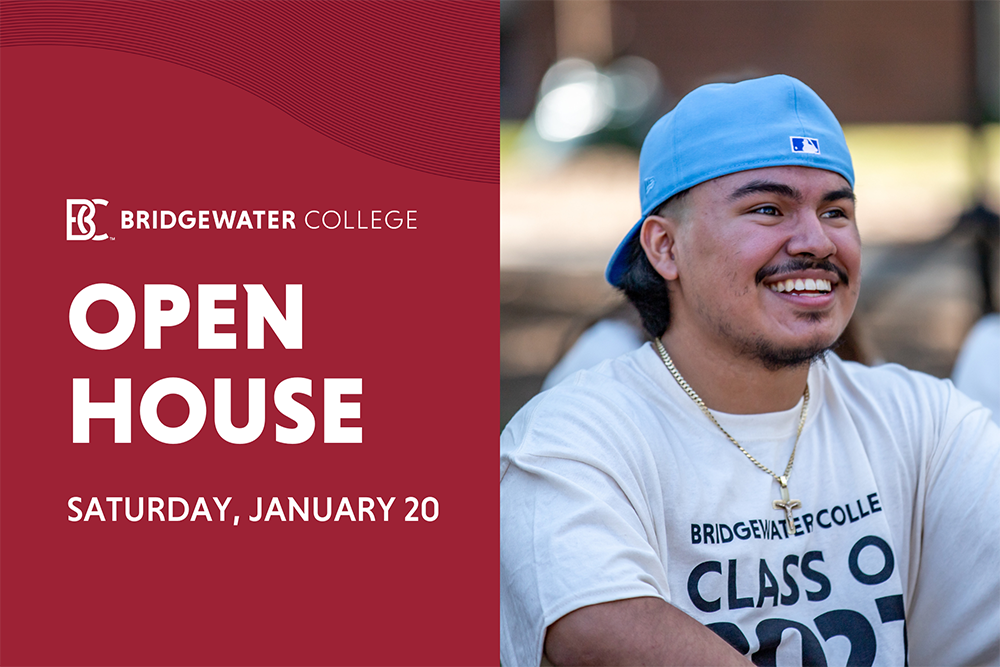 Bridgewater College logo and the words Open House Saturday, January 20 on crimson background with picture of student sitting down smiling on the right.