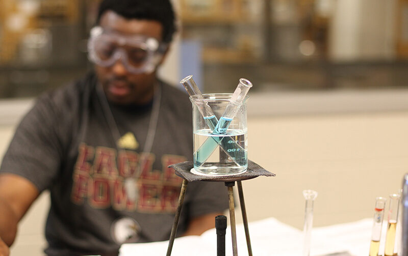 Beaker filled with two tubes with blue color liquid with student wearing goggles in the background taking notes