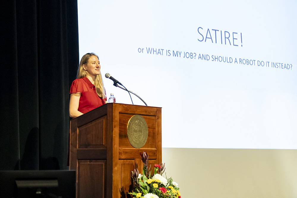 Alexandra Petri at podium during endowed lecture