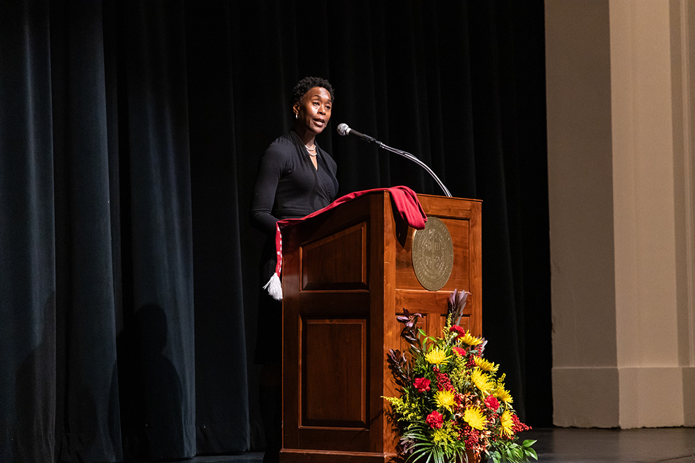 Margot Shetterly at podium during endowed lecture