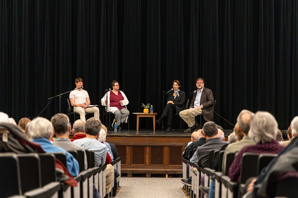 Student Jory Cardoza, professor Bobbi Gentry, Mara Liasson and Jonah Goldberg on the stage at endowed lecture