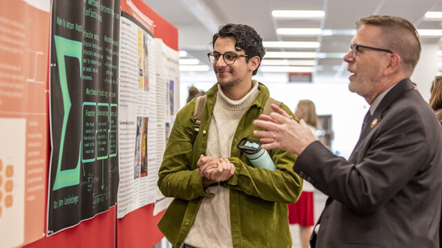 Professor and student looking at poster presentation about infinite series