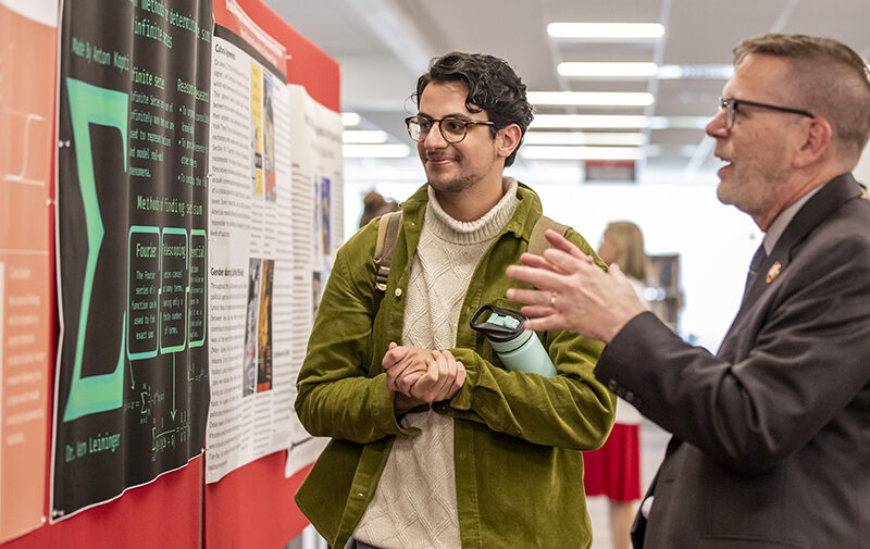 Professor and student looking at poster presentation about infinite series