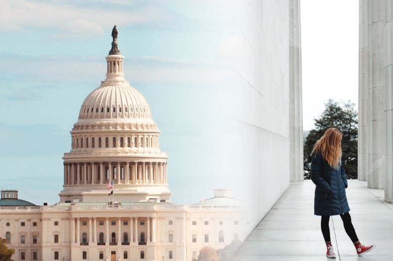 State capital on the left and person standing next to columns at the Lincoln Memorial