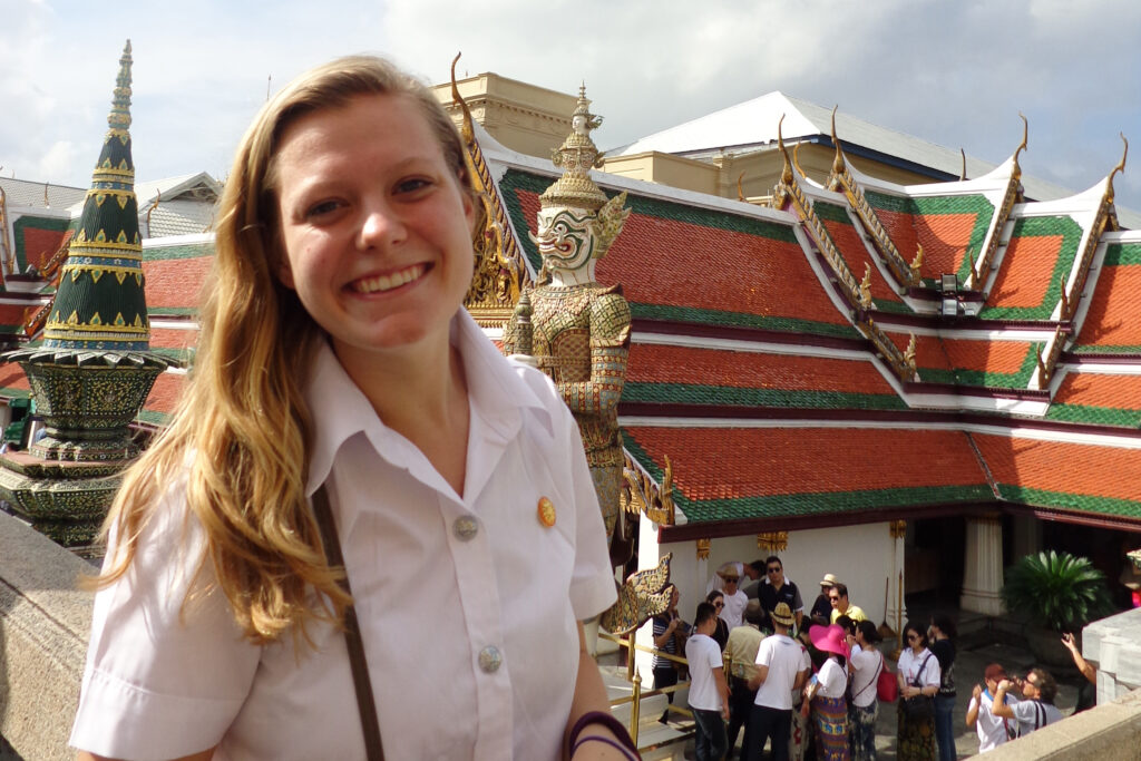 Student pictured outside a temple