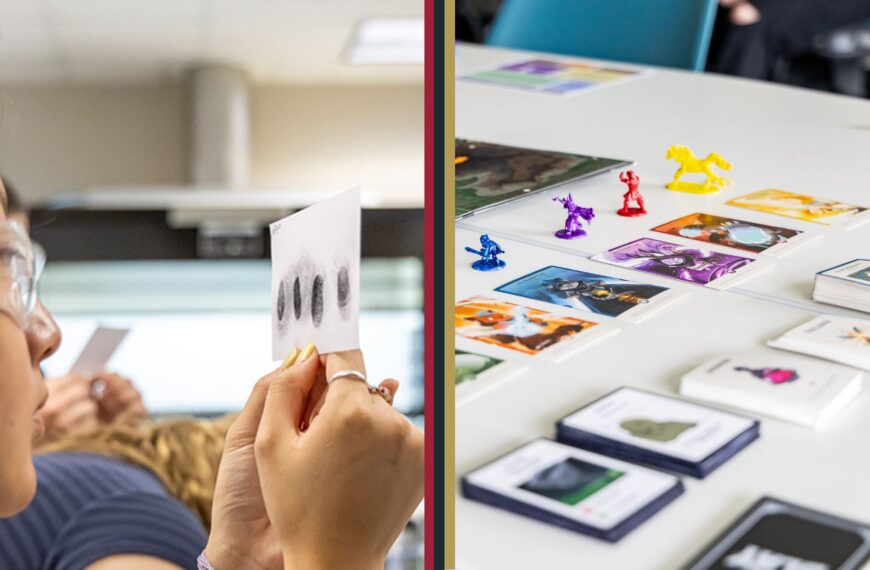 An image containing two separate images: one with a student inspecting a card with fingerprints on it, and another showing pieces of a board game spread out on a table.