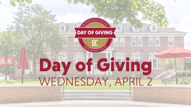 Day of Giving. Wenesday, April 2. Logo and text with white overlay with Rebecca Quad in the background.