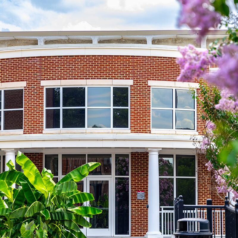 Nininger Hall framed with summer florals