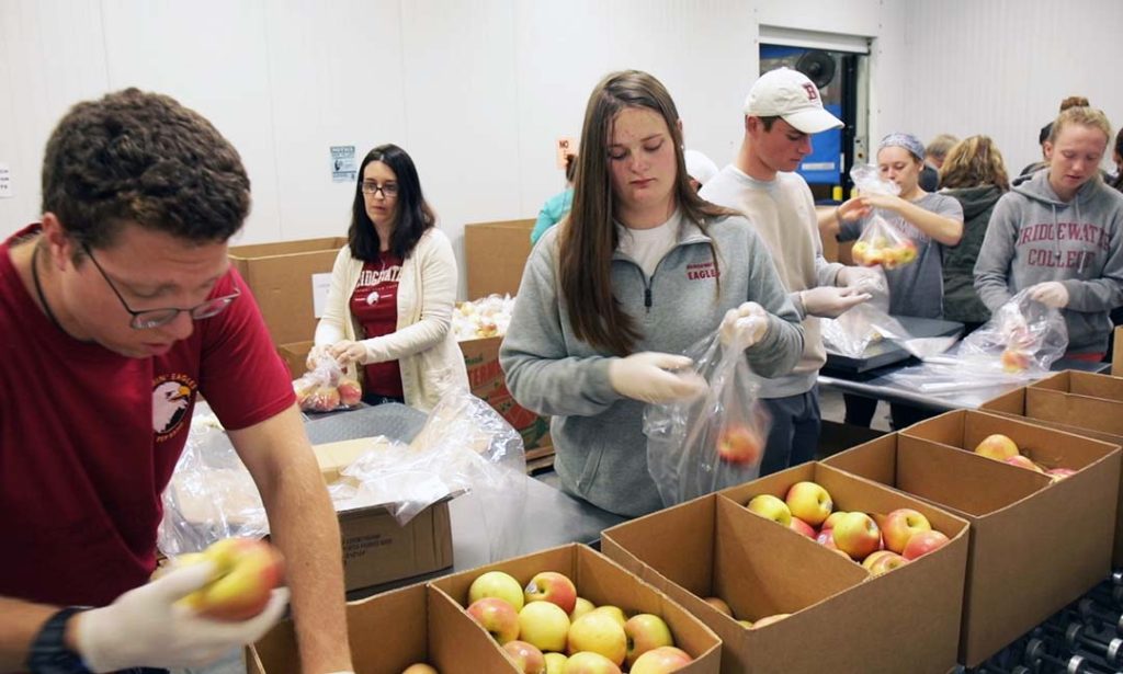 Group volunteering at the Blue Ridge Area Food Bank with putting apples into bags