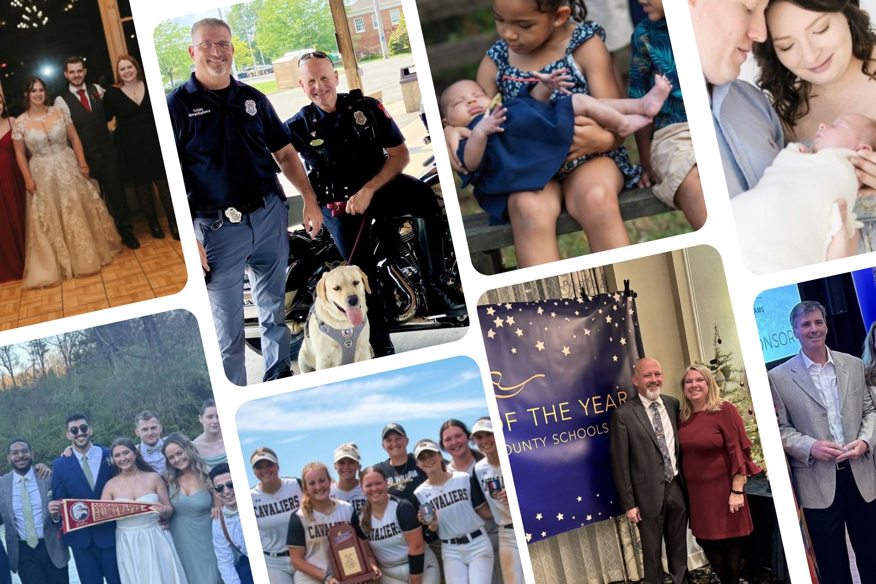 Collage of images from Bridgewater College alumni for class notes. includes images from weddings, police officers with a dog, families with babies and career successes.