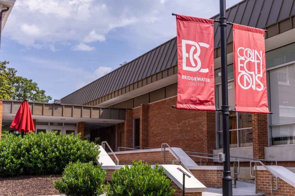 Bridgewater College banners in front of Kline Campus Center entrance from the Rebecca quad