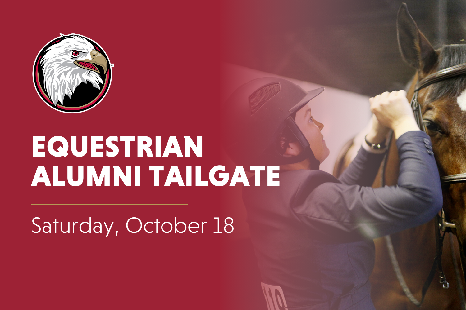 Equestrian Alumni Tailgate Saturday, October 31. A girl is adjusting the bridle on her horse.