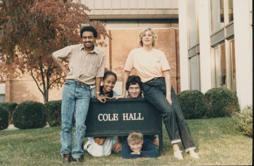 Group of international students in front of Cole Hall, ca. 1987.