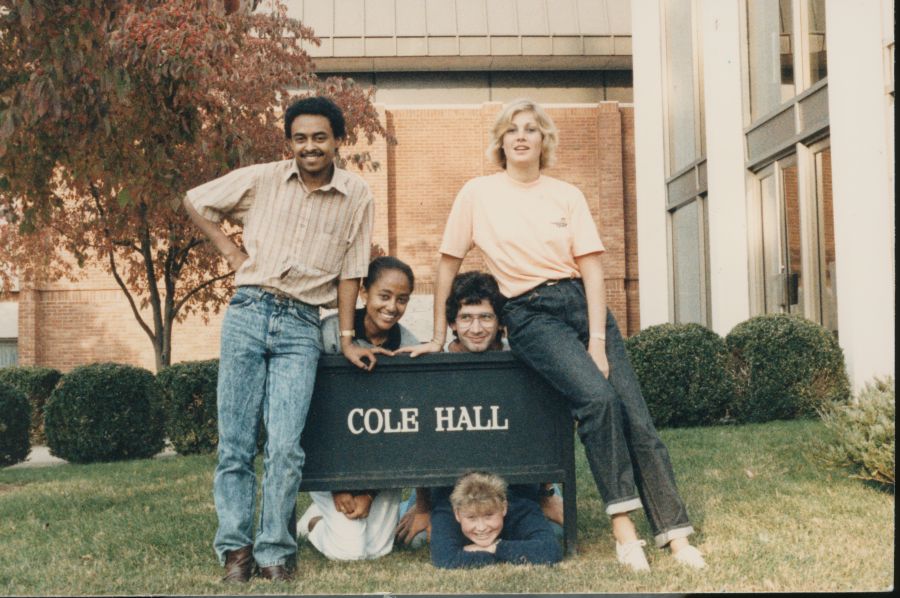 Group of international students in front of Cole Hall, ca. 1987.