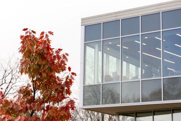 Cornet of the Forrer Learning Commons with a red fall tree