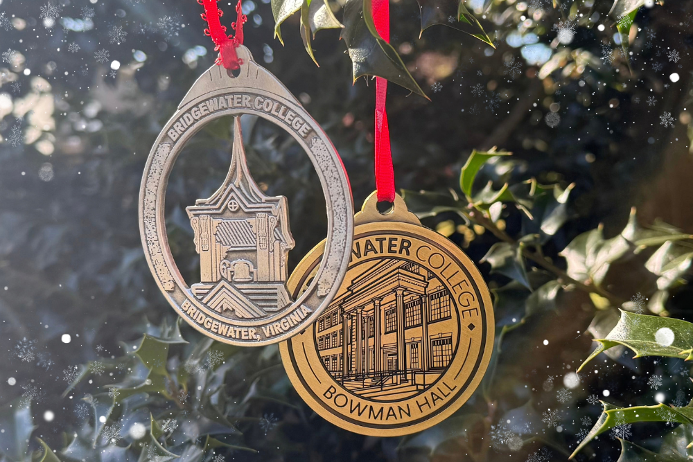 Two metal disc ornaments hang on red ribbons
